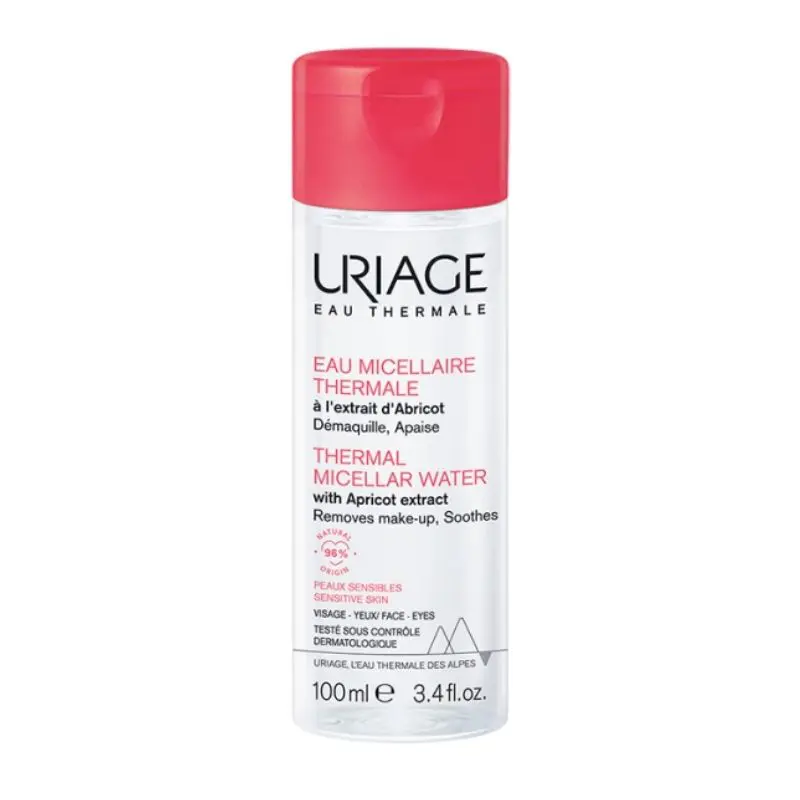 Uriage_Agua-Termal-Micelar-Extrato-De-Alperce-Frasco-100ml.jpg Bottle of Uriage Thermal Micellar Water Sensitive Skin by Uriage, a micellar water indicated for purifying sensitive skin.
