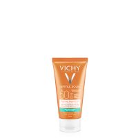 Bottle  of  Vichy  Capital  Soleil  Dry  Touch  Face  Fluid  SPF50  by  Vichy,  a  light  emulsion  indicated  for  matifying  sun  protection  for  oily  skin.