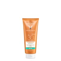Bottle  of  Vichy  Capital  Soleil  Fresh  Protective  Milk  SPF30  by  Vichy,  a  sunscreen  milk  indicated  for  face  and  body  protection.