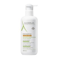 Bottle  of  A-Derma  Exomega  Control  Emollient  Lotion  Anti-Scratching  by  A-Derma,  a  body  milk  indicated  for  atopic  skin.