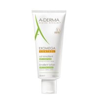 Bottle  of  A-Derma  Exomega  Control  Emollient  Anti-Scratching  Lotion  by  A-Derma,  a  body  milk  indicated  for  atopic  skin.