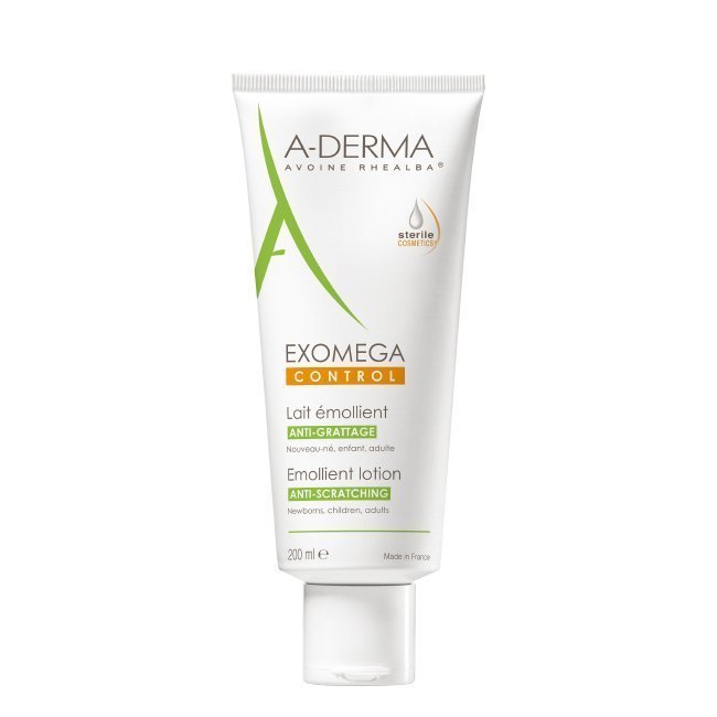 aderma-exomegacontrolleiteemoliente200ml Bottle of A-Derma Exomega Control Emollient Anti-Scratching Lotion by A-Derma, a body milk indicated for atopic skin.