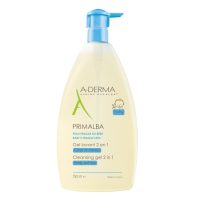 Bottle  of  A-Derma  Primalba  Baby  Cleansing  Gel  Body  and  Hair  by  A-Derma,  a  2  in  1  gel  indicated  for  baby  skin  and  scalp.