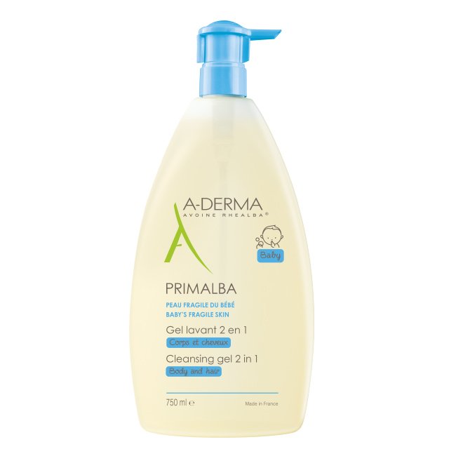 aderma-primalbagellavante2em1-750ml Bottle of A-Derma Primalba Baby Cleansing Gel Body and Hair by A-Derma, a 2 in 1 gel indicated for baby skin and scalp.