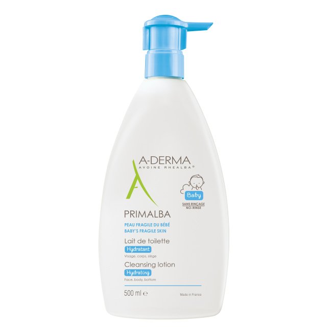 aderma-primalbaleitelimpeza500ml Bottle of A-Derma Primalba Baby Gentle Cleansing Milk by A-Derma, a cleansing milk indicated for sensitive baby skin.