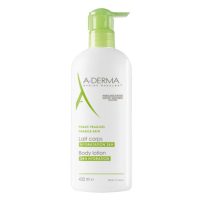 Bottle  of  A-Derma  Moisturizing  Body  Lotion  by  A-Derma,  a  hydrating  milk  indicated  for  normal  to  dry  sensitive  skin.