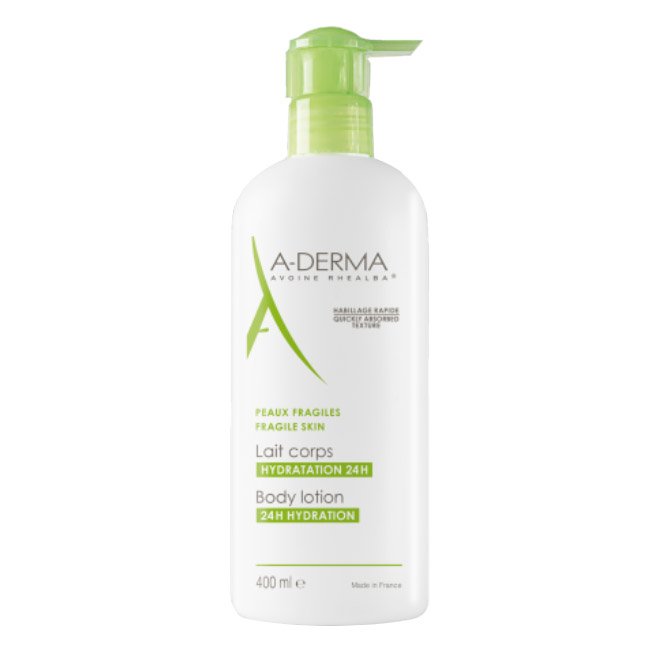 adermaleitehidratante Bottle of A-Derma Moisturizing Body Lotion by A-Derma, a hydrating milk indicated for normal to dry sensitive skin.