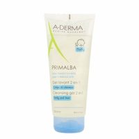 Bottle  of  A-Derma  Primalba  Cleansing  Gel  Body  and  Hair  by  A-Derma,  a  2  in  1  gel  indicated  for  baby  skin  and  scalp.