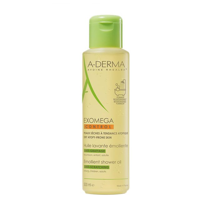 adexomegacontrololeo Bottle of A-Derma Exomega Control Emollient Shower Oil by A-Derma, a shower oil indicated for dry and atopic skin.