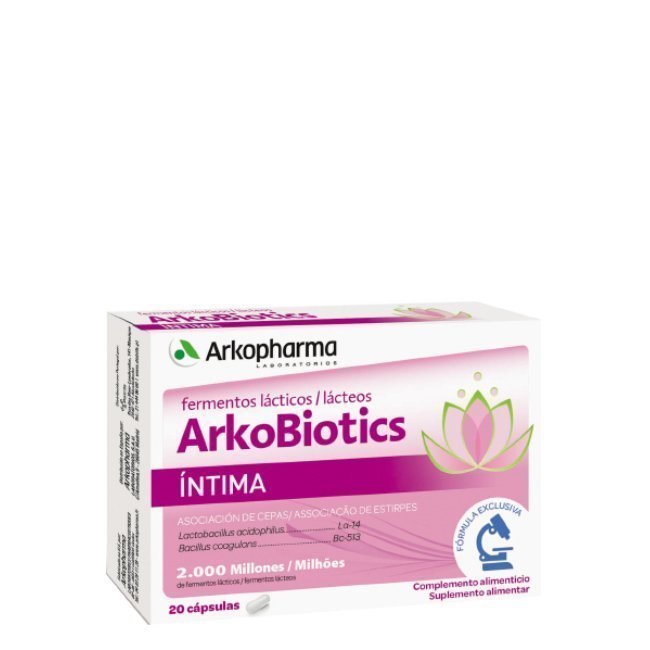 arkobioticsintima20caps Box of Arkobiotics Intima Capsules by Arkopharma, a food supplement indicated for balancing the intimate vaginal flora.