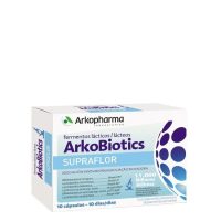 Box  of  Arkobiotics  Supraflor  by  Arkopharma,  a  food  supplement  indicated  for  intestinal  functioning  and  immune  defenses.