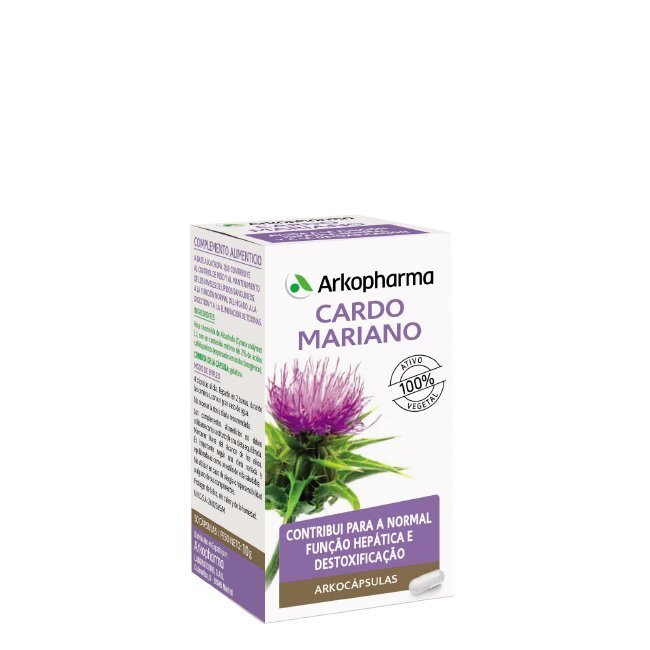 arkocapsulas-cardomariano Box of Arkocápsulas Milk Thistle Capsules by Arkocápsulas, a food supplement indicated for normal liver function and detoxification.
