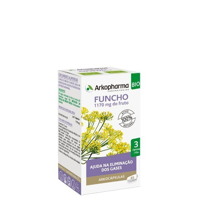 arkocapsulas-funcho-bio Box of Arkocápsulas Fennel BIO Capsules by Arkopharma, a food supplement indicated for gas elimination.