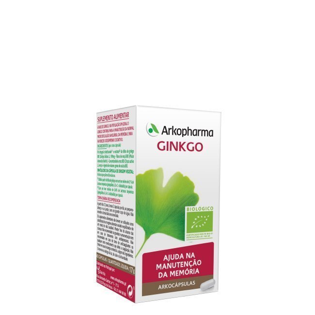 arkocapsulas-ginkgo Box of Arkocápsulas Ginkgo BIO Capsules by Arkopharma, a food supplement indicated for memory maintenance.