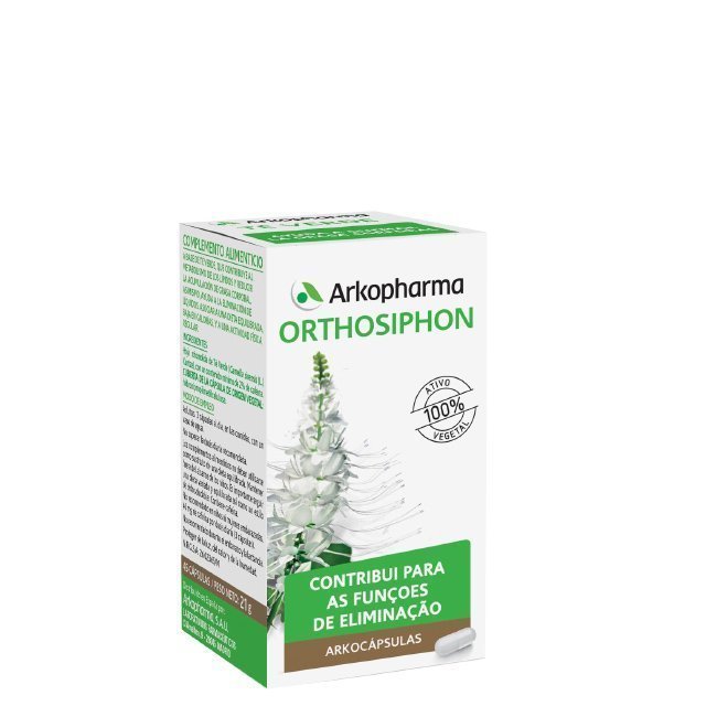 arkocapsulas-orthosiphon Box of Arkopharma Orthosiphon by Arkopharma, a capsule supplement indicated for decreasing fluid retention in the body.