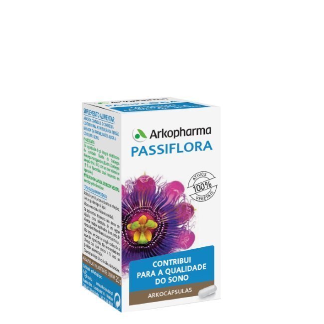 arkocapsulas-passiflora Box of Arkocápsulas Passion Flower Capsules by Arkopharma, a food supplement indicated for improving sleep quality and relaxation.