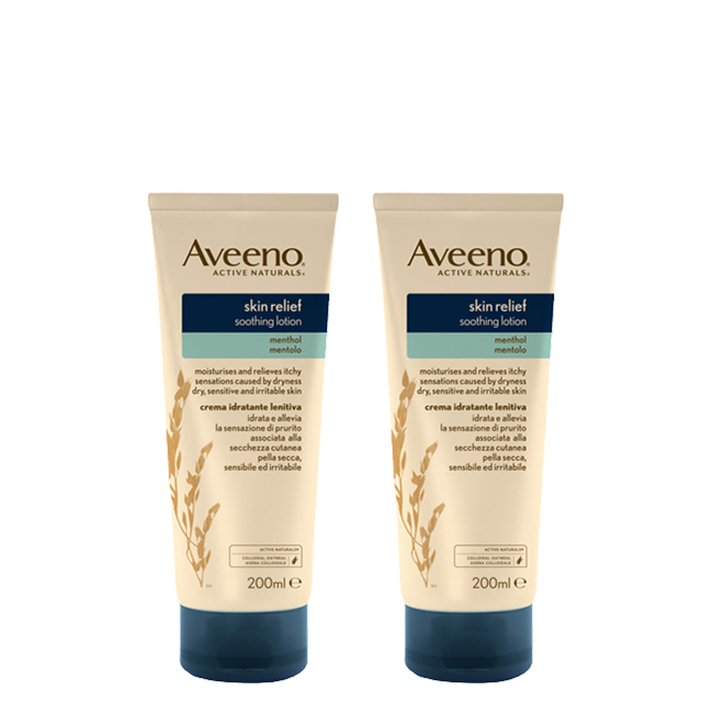 aveeno-duo-skin-relief-creme-lenitivo-de-mentol-200ml Bottle of Aveeno Skin Relief Duo Pack Menthol Soothing Cream by Aveeno, an emollient cream indicated for very dry sensitive skin.