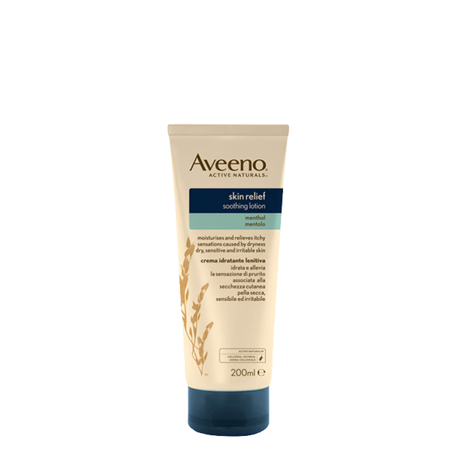 aveeno-skin-relief-creme-lenitivo-de-mentol-200ml Bottle of Aveeno Skin Relief Soothing Lotion by Aveeno, a moisturizing lotion indicated for dry and irritated skin.