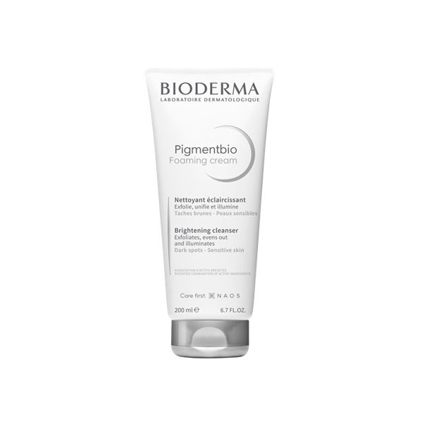 bioderma-pigmentbio-creme-esfoliante-200ml Bottle of Bioderma Pigmentbio Brightening Cleanser by Bioderma, a creamy cleanser indicated for dark spots and hyperpigmentation.