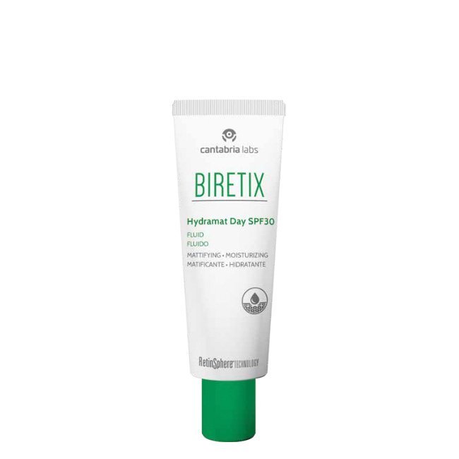 biretixhydramatdayspf30 Bottle of Biretix Hydramat Day SPF30 by Biretix, a mattifying fluid indicated for oily and acne prone skin.