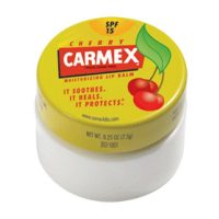 Jar  of  Carmex  Cherry  Jar  FPS15  by  Carmex,  a  cherry  flavored  lip  balm  indicated  for  repairing  dry  lips  with  SPF15  protection.