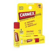 Product  container  of  Carmex  Stick  Original  FPS15  by  Carmex,  a  lip  balm  indicated  for  repairing  dry  and  chapped  lips  with  SPF15.
