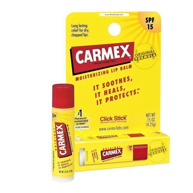 carmexstickoriginalfps15 Product container of Carmex Stick Original FPS15 by Carmex, a lip balm indicated for repairing dry and chapped lips with SPF15.