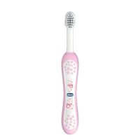 Product  container  of  Chicco  Pink  Milk  Teeth  Brushes  by  Chicco,  a  toothbrush  indicated  for  gently  cleaning  baby  gums  and  teeth.