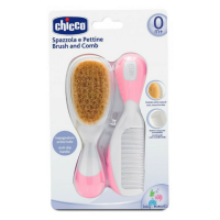 Product  container  of  Chicco  Brush  and  Comb  Pink  Bristle  by  Chicco,  a  grooming  set  indicated  for  baby  scalp  care.