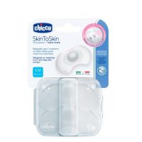 Product  container  of  Chicco  Silicone  Breast  Protector  by  Chicco,  a  silicone  protector  indicated  for  nipple  pain  and  irritation.