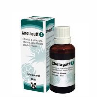 Bottle  of  Cholagutt  The  Oral  Solution  by  Cholagutt,  a  liquid  supplement  indicated  to  normalize  liver  and  gallbladder  function.