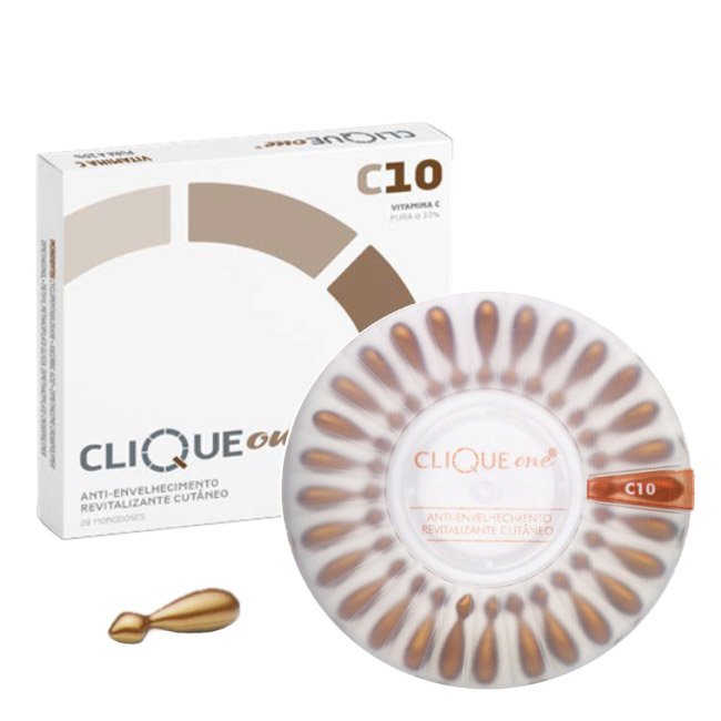 cliqueone-c10 Box of Clique One C10 by Clique One, a vitamin C treatment indicated for fighting wrinkles and skin sagging.