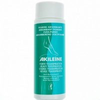 Bottle  of  Akileine  Deo  Powder  Antiperspirant  Feet  by  Akileine,  a  talc  powder  indicated  for  excessive  foot  sweating  and  odors.
