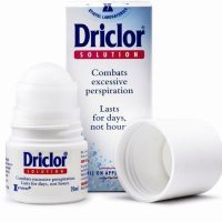 Bottle  of  Driclor  Roll-on  Antiperspirant  Solution  by  Driclor,  a  roll-on  solution  indicated  for  treating  hyperhidrosis.