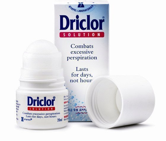 cnp_6821330_99 Bottle of Driclor Roll-on Antiperspirant Solution by Driclor, a roll-on solution indicated for treating hyperhidrosis.