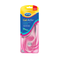 Product  container  of  Dr.  Scholl  GelActiv  Medium  Heels  Insoles  by  Dr.  Scholl,  a  gel  insole  indicated  for  cushioning  impacts  in  medium  heels.