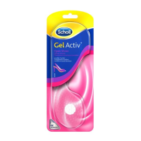 Product  container  of  Dr.  Scholl  GelActiv  Open  Shoes  Insoles  by  Dr.  Scholl,  a  transparent  insole  indicated  for  comfort  in  sandals.