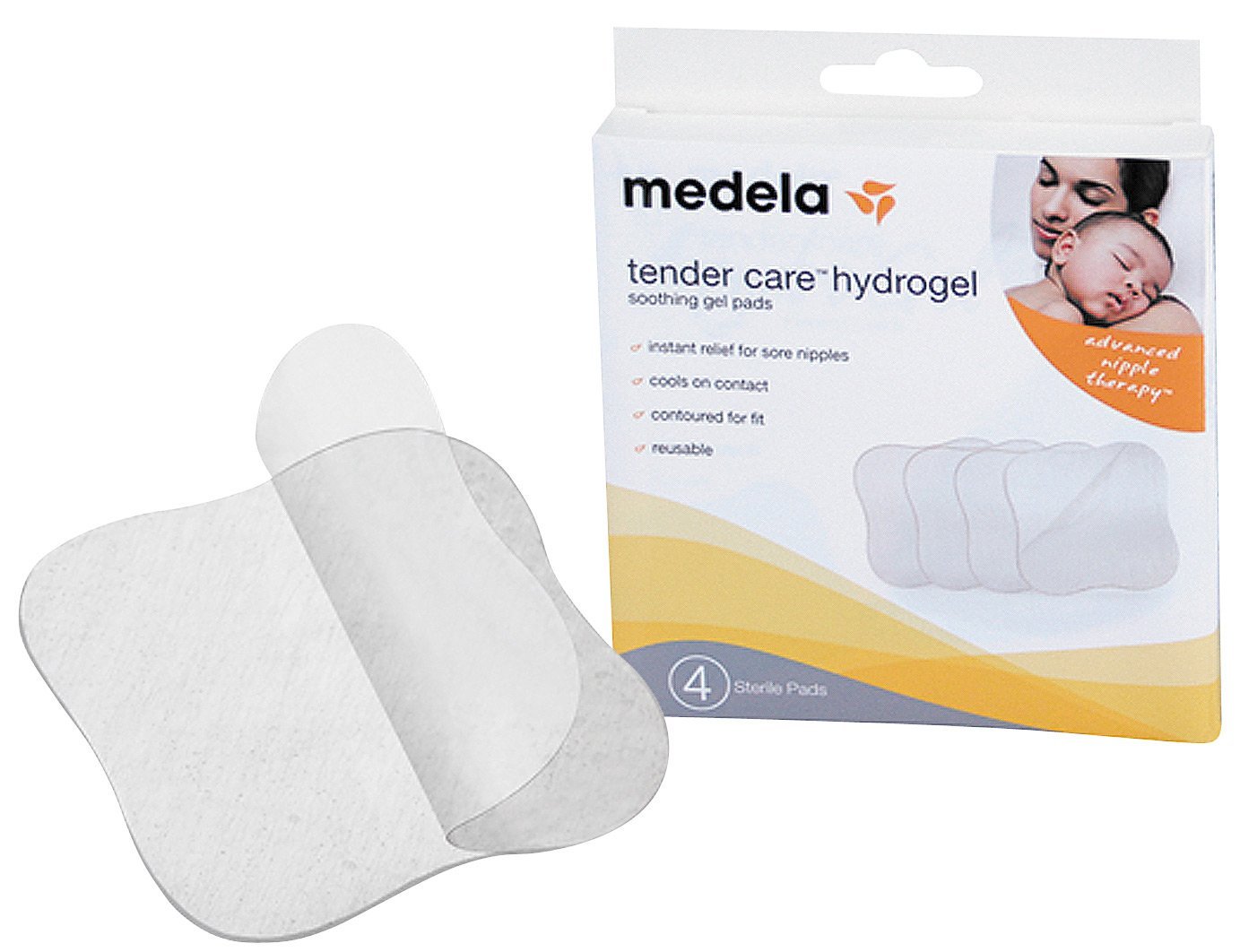 cnp_7981274_62 Product container of Hydrogel Pads by Medela, a soothing pad indicated for the care of sore or cracked nipples.
