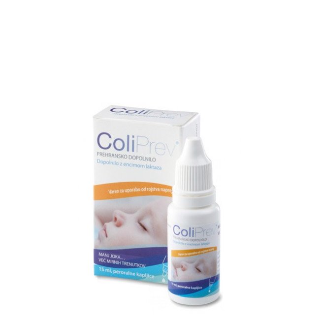 coliprev Bottle of Coliprev Infant Supplement by Coliprev, a lactase enzyme supplement indicated to reduce infant cramps and discomfort.