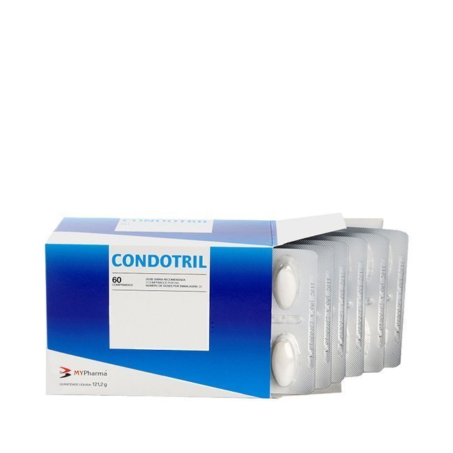 condotrilsuplemento Box of Condotril Supplement by Condotril, a tablet supplement indicated for improving joint strength and flexibility.