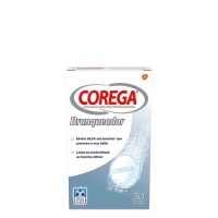 Box  of  Corega  Whitening  Tablets  Cleaning  by  Corega,  an  effervescent  tablet  indicated  for  cleaning  dental  prostheses.