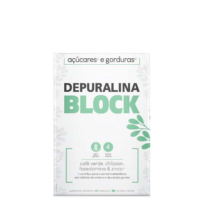 depuralinablockcapsulas Box of Depuralina Block Capsules by Depuralina, a capsule supplement indicated for blocking the absorption of carbohydrates and fats.