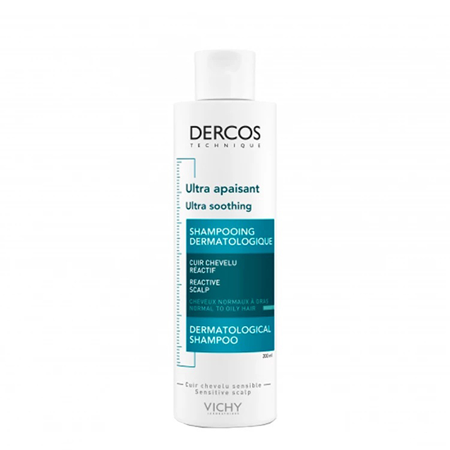 dercos-champo-ultra-apaziguante-cabelo-normal-a-oleoso-200ml Bottle of Vichy Dercos Ultra Soothing Sufate-Free Shampoo by Vichy, a gentle shampoo indicated for normal to oily sensitive scalp.