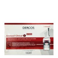 Box  of  Dercos  Aminexil  Clinical  5  Woman  Ampoules  by  Vichy,  a  liquid  treatment  indicated  for  reducing  hair  loss  in  women.
