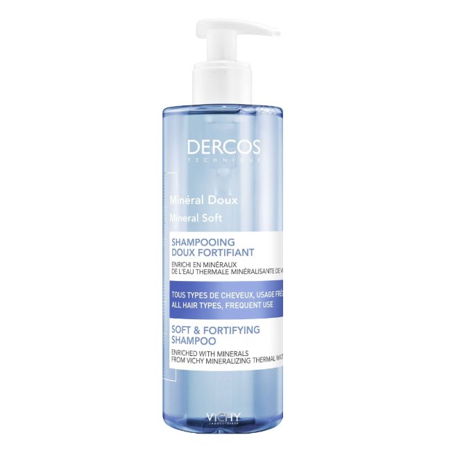 dercosmineralsuaveshampoo400 Bottle of Dercos Mineral Soft and Fortifying Shampoo by Vichy, a shampoo indicated for strengthening hair and scalp balance.