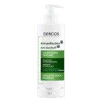 Bottle  of  Dercos  Anti-Dandruff  Shampoo  by  Vichy,  a  liquid  shampoo  indicated  for  oily  scalp  and  visible  dandruff  elimination.