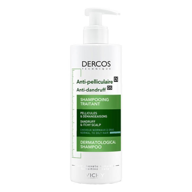 dercosshampooanticaspaoleosa400 Bottle of Dercos Anti-Dandruff Shampoo by Vichy, a liquid shampoo indicated for oily scalp and visible dandruff elimination.