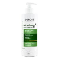 Bottle  of  Dercos  Anti-Dandruff  Shampoo  Dry  Hair  by  Vichy,  a  shampoo  indicated  for  cleaning  and  rebalancing  the  dry  scalp  and  hair.