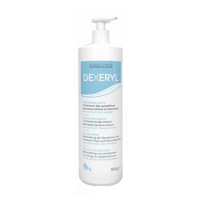 dexeryl creme emoliente 500ml Bottle of Dexeryl Emollient Cream by Dexeryl, an emollient cream indicated for soothing and hydrating dry, sensitive skin.