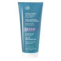 Bottle of Ducray Keracnyl Foaming Gel by Ducray, a cleansing gel indicated for daily purification of oily or acne prone skin.